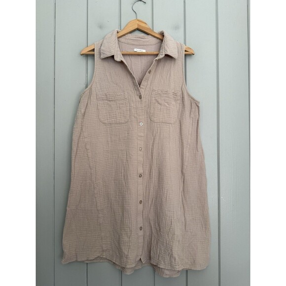 Z Supply Crinkle Cotton Dress L Large Collar Sleeveless Beige 100% Cotton - Picture 1 of 6